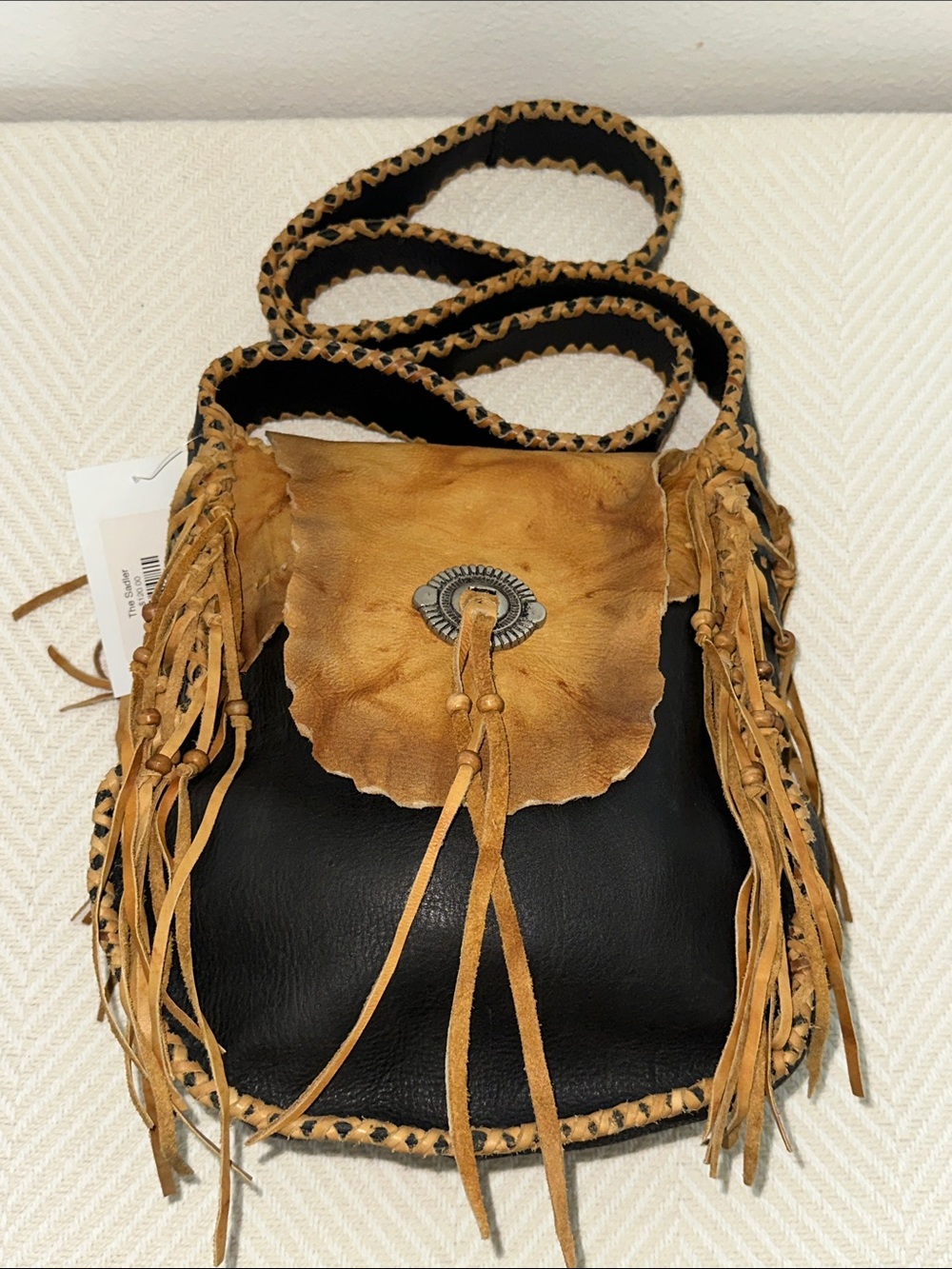 Kobler brand Fringed Two-Tone Leather Crossbody Bag in Tan and Black